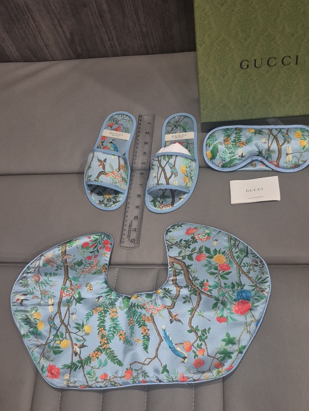 Gucci Tian Light Blue Floral Silk Travel Set, Slippers & Eye Mask Set